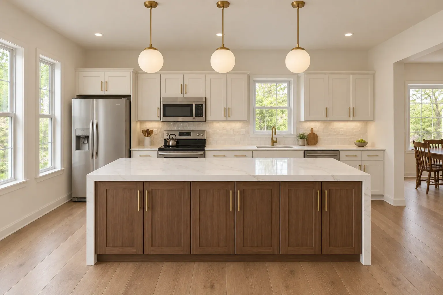 The same room after the renovation, with a walnut island