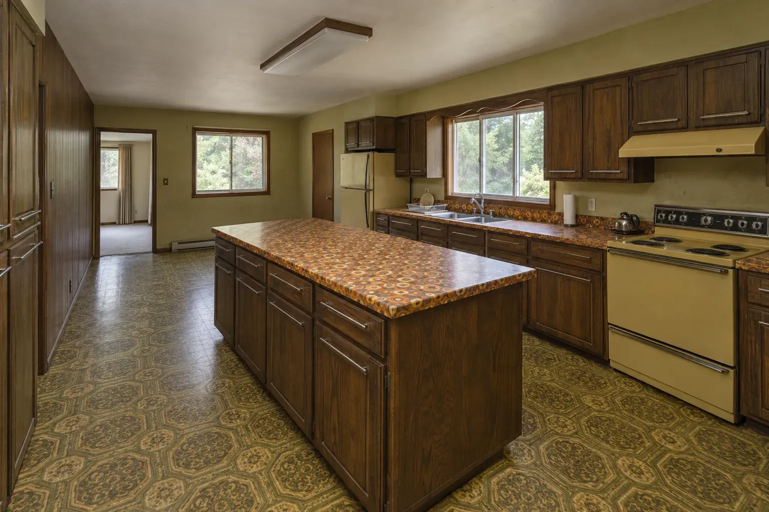 Dark oak cabinetry before the renovation